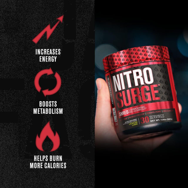 Jacked Factory NITROSURGE Shred Pre Workout Supplement - Energy Booster, Instant Strength Gains, Sharp Focus, Powerful Pumps - Nitric Oxide Booster & Preworkout Powder - 30Sv, Lemon Lime