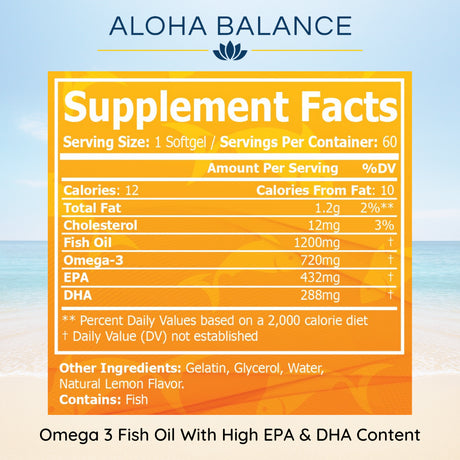 Fish Oil - Omega 3 with Lemon Flavor - High EPA & DHA Content by Aloha Balance