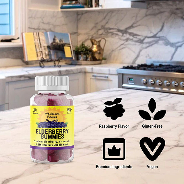 100% Natural Elderberry Gummies with Vitamin C and Zinc , Low Sugar, Vegan, Gluten Free , 60 Count Gummies , 100 Mg Elderberry 90Mg Vitamin C 7.5 Mg Zinc , Supports Immune System Health