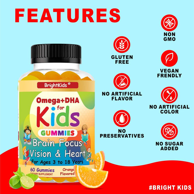 Brightkids Brain Focus, Vision & Heart Health Formula, Omega 3 Gummies +DHA, Support Focus Attention Memory Cognition Focus Formula for Kids 60 Gummies