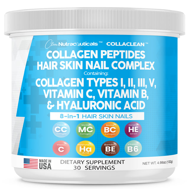 Collagen Peptides Powder Hair Skin Nail Complex with Collagen Types I II III V and Hyaluronic Acid Vitamin C and Vitamin B from Clean Nutra - 132G