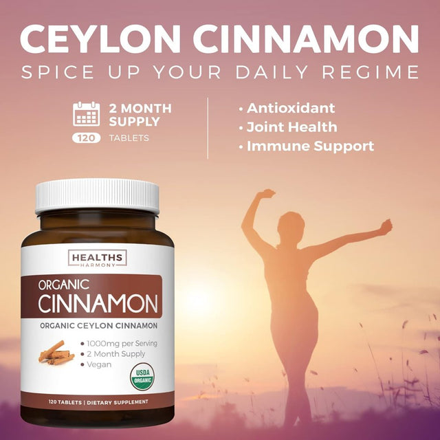 Healths Harmony Organic Ceylon Cinnamon Pills 1000Mg - 500Mg Cinnamon Powder Tablets, 1000Mg per Serve - Vegetarian Immune & Joint Support, 120Ct