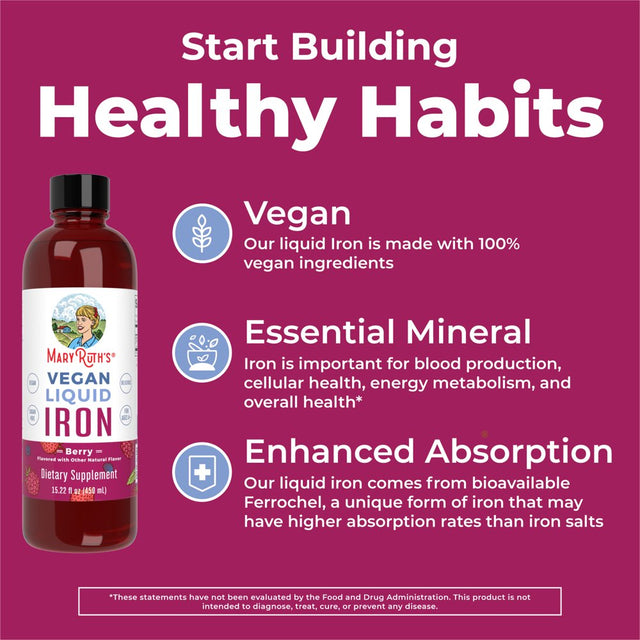 Maryruth Organics | Liquid Iron Supplement for Women Men & Kids | Iron Deficiency, Immune Support | Sugar Free, Vegan, Non-Gmo | 15.22 Fl Oz / 450Ml