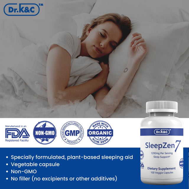 Dr.K&C Sleepzen7 Sleep Aid Supplement – 1200 Mg 100 Veggie Capsules All Natural Botanical Plant Sourced Sleeping Support Organic Tart Cherry Valerian Root Extract No Filler Non GMO