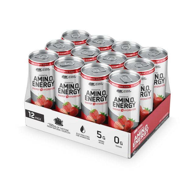 Optimum Nutrition Amino Energy Sparkling Hydration Drink, Electrolytes, Caffeine, Amino Acids, Bcaas, Sugar Free, Juicy Strawberry, 12 Fl Oz, 12 Pack (Packaging May Vary)