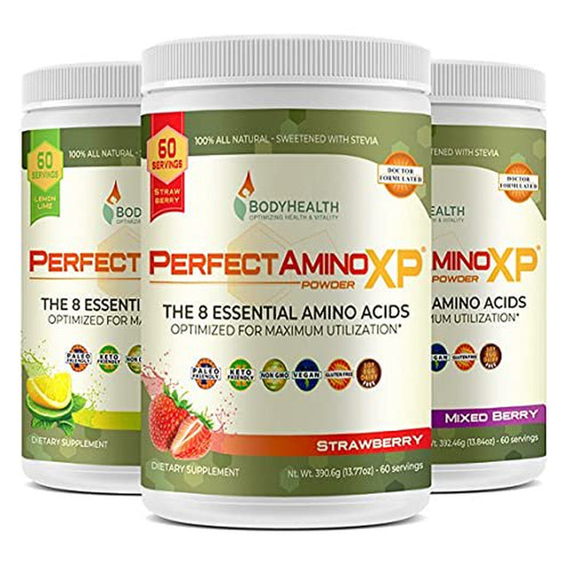 Bodyhealth Perfectamino XP Strawberry (60 Serving) Best Pre/Post Workout Recovery Drink, 8 Essential Amino Acids Energy Supplement with 50% Bcaas, 100% Organic, 99% Utilization