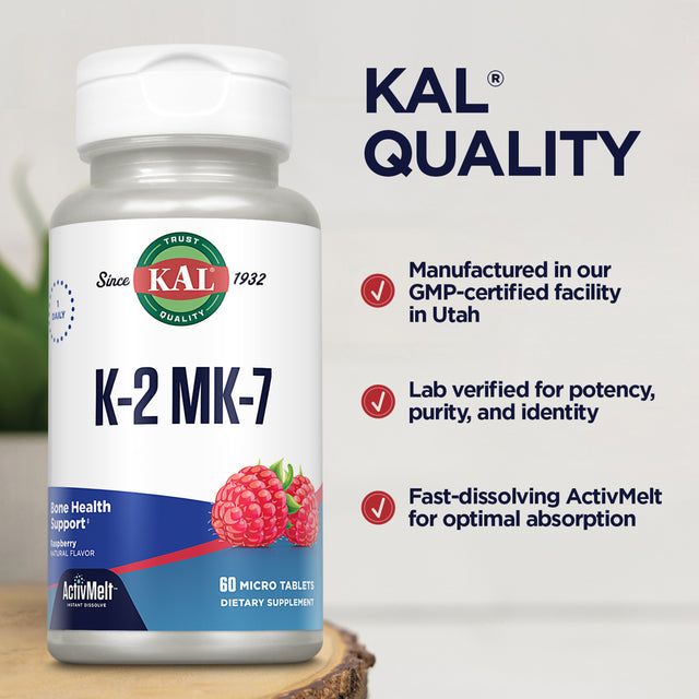 KAL Vitamin K-2 MK-7 Activmelt | Natural Raspberry Flavor | Bone & Cardiovascular Function Support | No Sugar Added | Lab Verified | 60 Micro Tablets