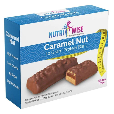 Nutriwise - Caramel Nut Diet Bars | Gluten Free, High Protein, Low Cholesterol, Low Sodium, Low Sugar (7/Box)