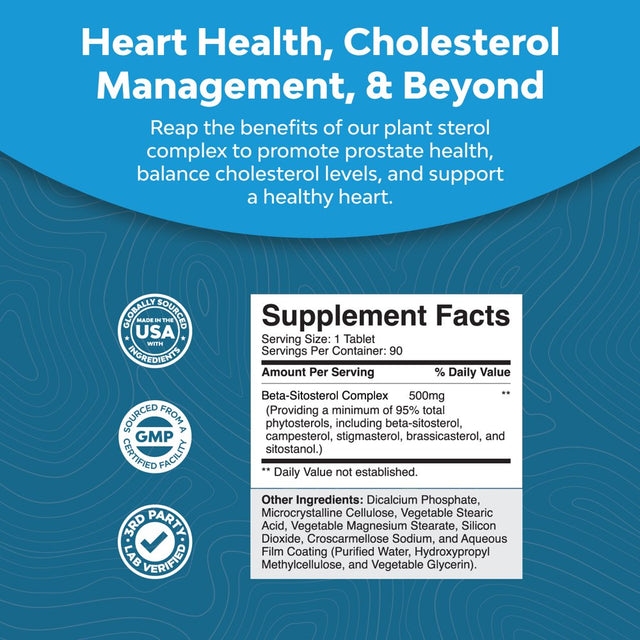 Natures Craft Plant Sterols Complex with Beta Sitosterol - 500Mg per Serving Beta-Sitosterol Sterols and Stanols Supplement for Heart Health and Prostate Support - 90 Tablets