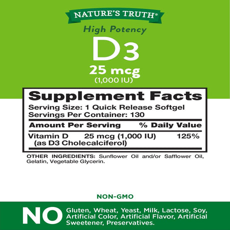 Vitamin D3 1000 IU | 130 Softgels | High Potency D | Non-Gmo, Gluten Free, Soy Free | by Nature'S Truth