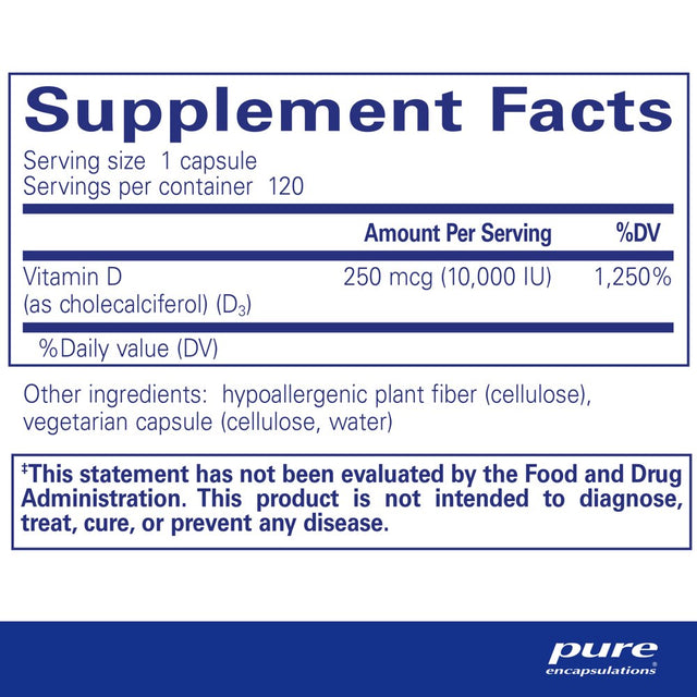 Pure Encapsulations Vitamin D3 250 Mcg (10,000 IU) | Supplement to Support Bone, Joint, Breast, Prostate, Heart, Colon and Immune Health* | 120 Capsules