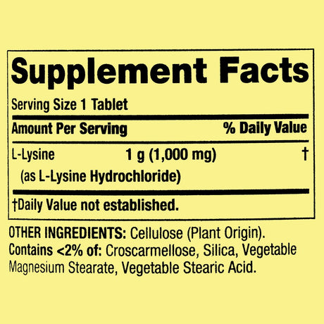 Spring Valley L-Lysine Amino Acid Supplements, 1000 Mg, 100 Count