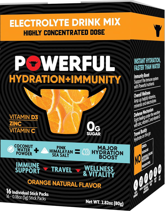 Powerful Nutrition Hydration plus Immunity, Orange, 16 Count, 0G of Sugar, Electrolyte Powder Drink to Support Immunity and Wellness with Zinc, Vitamin C and D