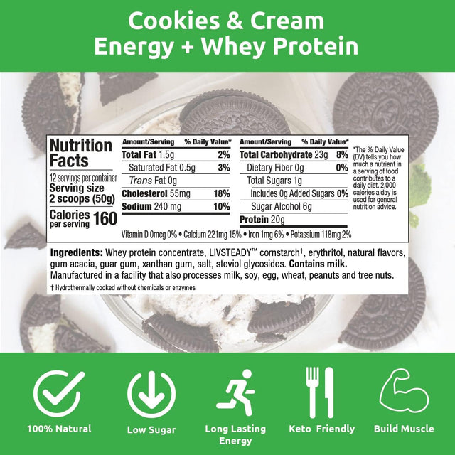 UCAN Energy + Whey Protein Powder - 19G per Serving with Amino Acids Eaas & Bccas - Keto, No Added Sugar, Gluten-Free - Cookies & Cream - 12 Servings