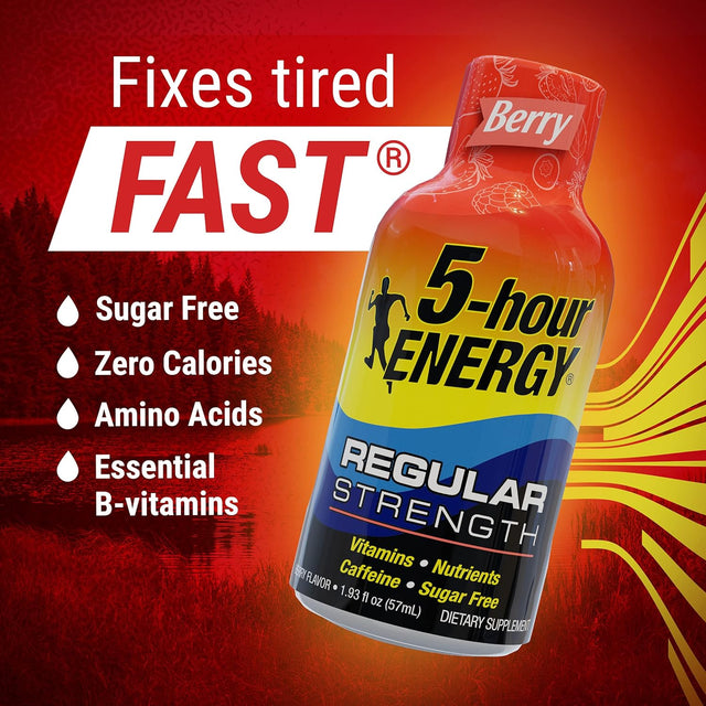 5-Hour ENERGY Shots Regular Strength | Berry Flavor | 1.93 Oz. 30 Count | Sugar Free 4 Calories | Amino Acids and Essential B Vitamins | Dietary Supplement | Feel Alert and Energized