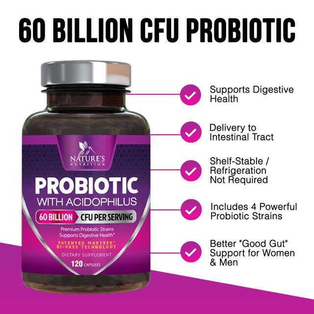 Probiotics, 60 Billion CFU per Serving, Probiotic with Prebiotics for Digestive & Immune Health Support for Women & Men - Nature'S Supplement Is Shelf Stable, Soy, Dairy & Gluten Free - 120 Capsules