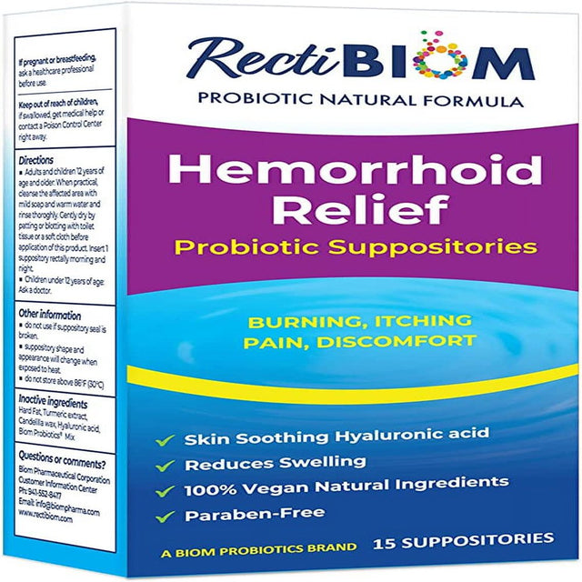 Biom Probiotics Rectibiom Probiotic Hemorrhoid Relief Suppositories, Natural Hyaluronic Acid Suppositories with Turmeric Extract, 15 Count