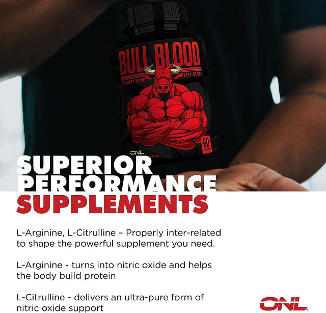 Bull Blood Nitric Oxide Supplement for Men - Nitrous Oxide Booster - L Arginine & L Citrulline Pills - Pump Pre Workout & Blood Flow for Men - NO2 Booster for Enhancing Male Strength & Energy - 60Ct