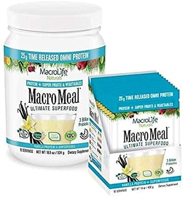 Macromeal Omni Superfood Powder On-The-Go Bundle - Time-Release Protein Blend, Greens, Digestive Enzymes, Fiber, Energy Boost, Vanilla 18.5Oz Tub (15 Servings) +10 Packet Servings