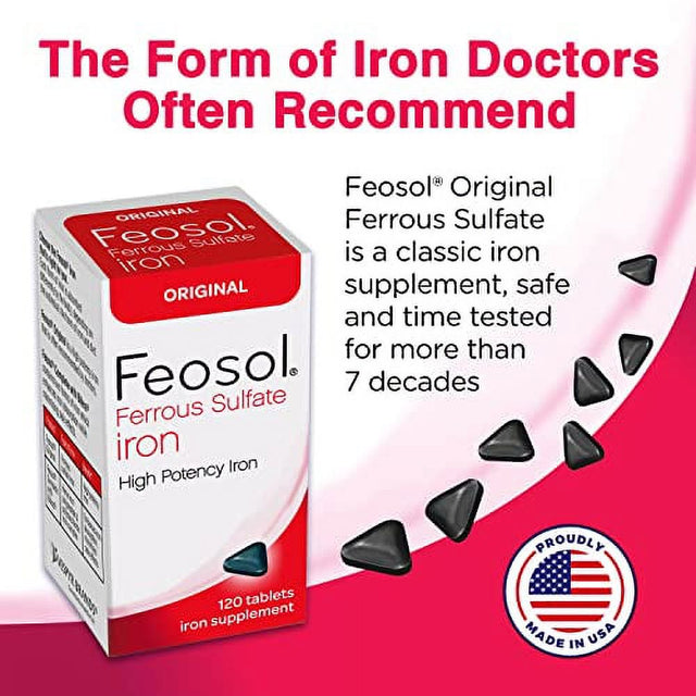 Feosol Original Iron Supplement Tablets, Non-Heme, 325Mg Ferrous Sulfate (65Mg Elemental Iron) per Iron Pill, 1 per Day, 120Ct, 4 Month Supply, for Energy and Immune System Support, Made in USA