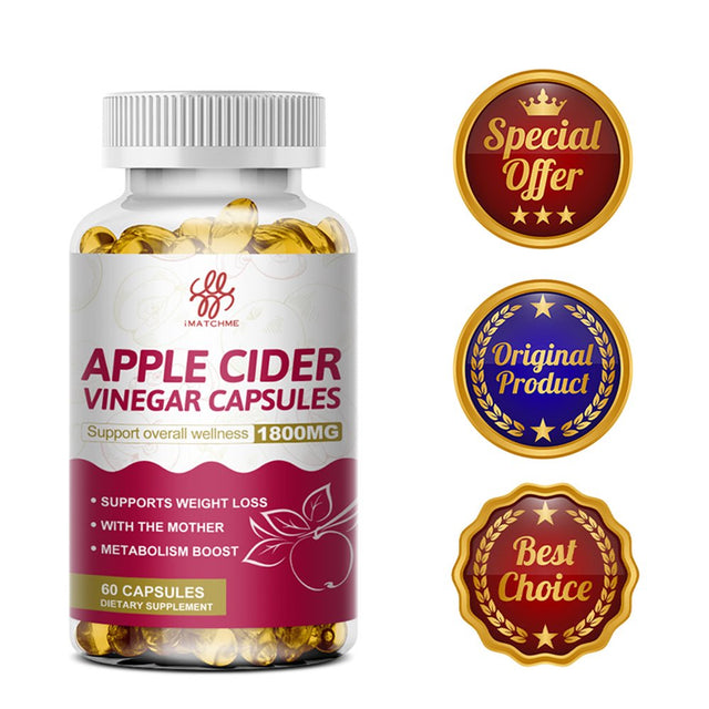 Imatchme Apple Cider Vinegar Capsules 1800Mg, 60 Vegan ACV Pills, Best Supplement for Healthy Weight Loss & Immune, Non-Gmo