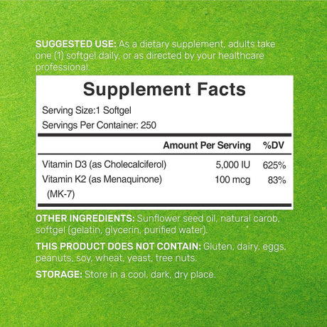Vitamin D3 K2 Softgel, 180 Counts, 2-1 Complex, Vitamin D3 5000 IU & Vitamin K2 MK7 MK4, Promotes Heart, Bone & Teeth Health - Very Easy to Swallow