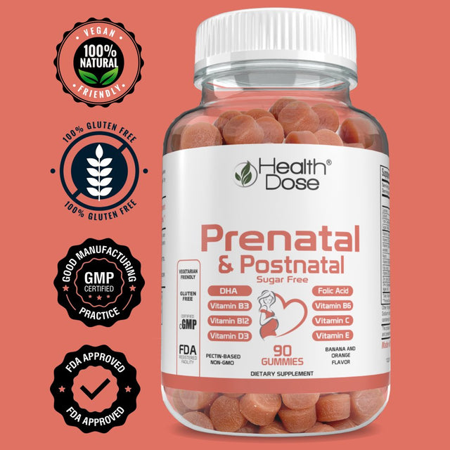 Health Dose Prenatal & Postnatal Vitamins for Pregnant and Lactating Women. DHA & Folic Acid, Gluten & Sugar-Free Vitamin B6, B12, C + Zinc for Immunity. Pregnancy & Post Pregnancy Support. 90 Gummies