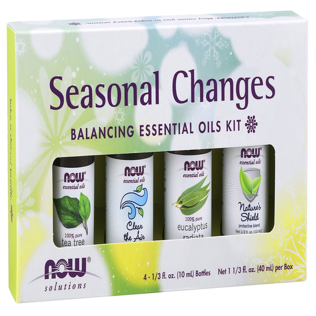 NOW Essential Oils, Seasonal Changes Balancing Aromatherapy Kit, 4X10Ml Including Tea Tree, Eucalyptus Radiata, Clear the Air and Nature’S Shield Oil Blend with Child Resistant Caps