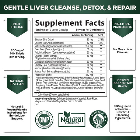 Liver Cleanse Detox & Repair Formula - Herbal Liver Support Supplement with Milk Thistle with Silymarin, Artichoke Extract, Dandelion, Beet, Chicory Root, & Turmeric for Liver Health - 120 Capsules