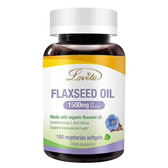 Lovita Organic Flaxseed Oil 1500Mg with Max 900Mg ALA, High Potent ALA Supplement, Vegan Omega 3 for Cardiovascular, Brain & Healthy Hair, Skin & Nails, Natural Flaxseed Oil, 180 Softgels