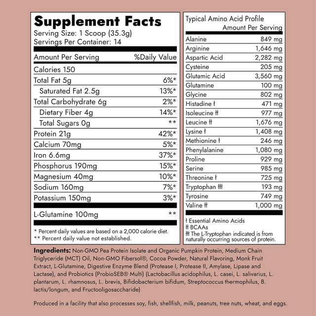 Plant Protein Chocolate by Dr. Nancy MD (14 Servings, 35.3G), 21G Pea and Pumpkin Protein, with Added L-Glutamine & Probiotics