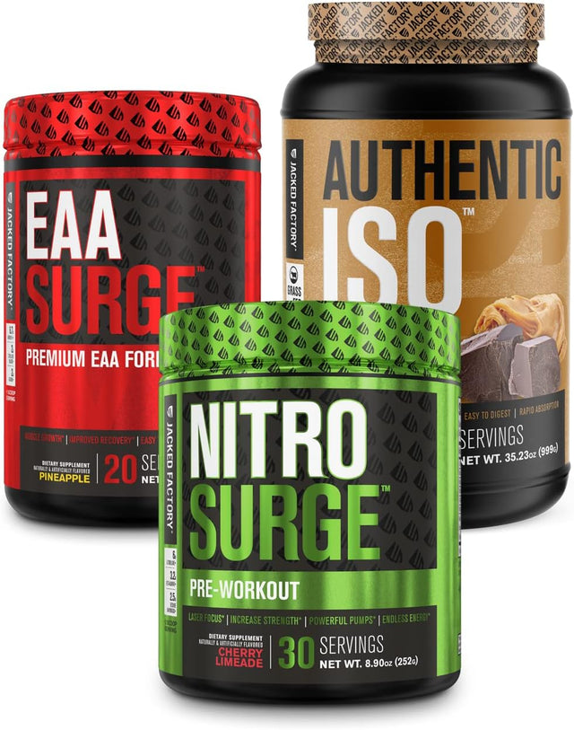 Jacked Factory NITROSURGE Pre Workout Supplement Powder, EAA Surge Premium EAA Amino Acids Intra Workout Supplement, Authentic ISO 100% Grass Fed Muscle Building Whey Protein Isolate Powder