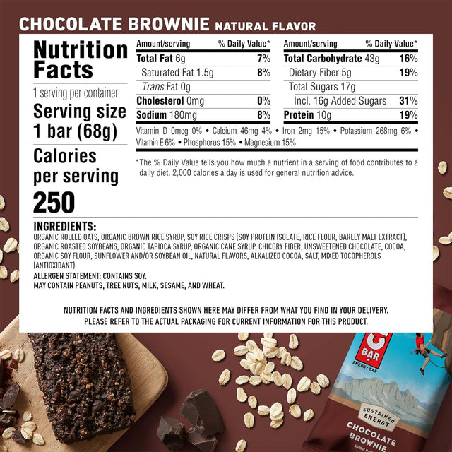 CLIF BAR - Chocolate Brownie Flavor - Made with Organic Oats - 10G Protein - Non-Gmo - Plant Based - Energy Bars - 2.4 Oz. (12 Pack)