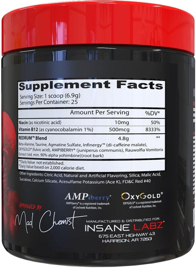 Insane Labz Redrum High Stim Pre Workout NO Booster Powder, Loaded with Beta Alanine Agmatine Sulfate Taurine Fueled by Ampiberry, Oxygold,Focus Strength Recovery,25 Srvgs Redrum (Grape)