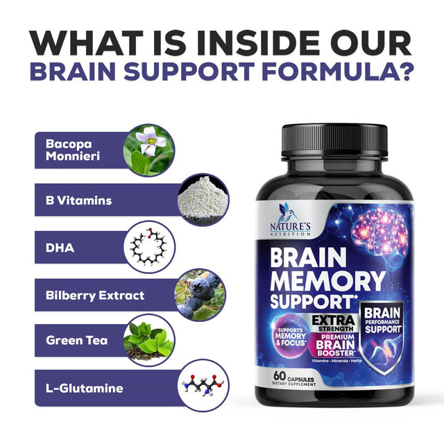 Nootropic Brain Supplement for Memory, Focus & Concentration + Cognitive Support, Brain Booster Supplement with Phosphatidylserine, DMAE Bacopa, Brain Vitamins for Men & Women, Non-Gmo - 60 Capsules