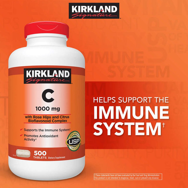 Kirkland Signature Vitamin C 1000Mg, with Rose Hips 500 Tabs Each (Pack of 2)