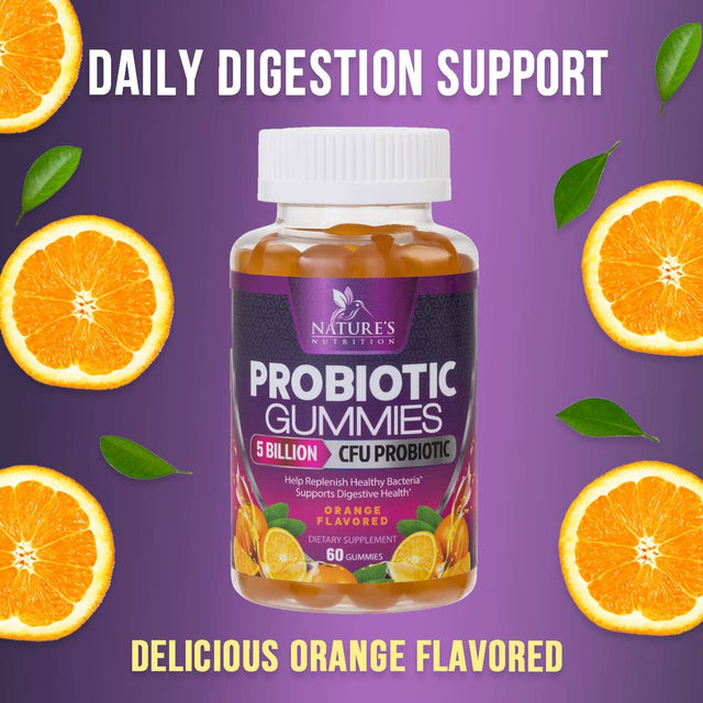 Nature'S Nutrition Probiotics for Women & Men Gummy, Extra Strength 5 Billion CFU, Lactobacillus Acidophilus Daily Probiotic Supplement, Supports Immune & Digestive Health, Orange Flavor, 60 Gummies