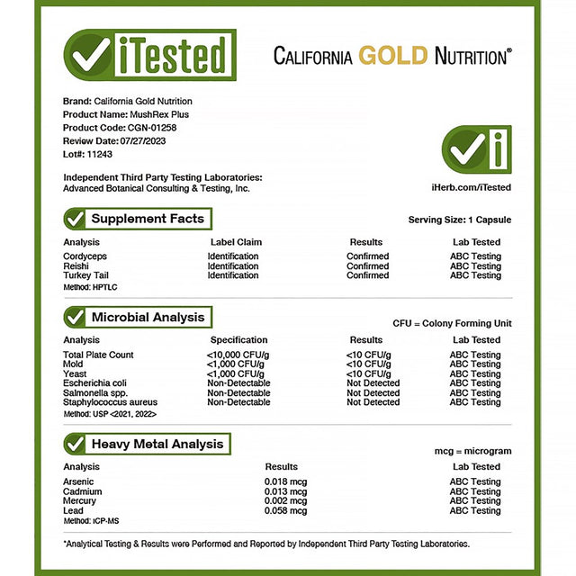 California Gold Nutrition Fungiology, Mushrex Plus, Full-Spectrum Mushroom Complex, Certified Organic, Immune Assist™ Micron, 120 Plantcaps