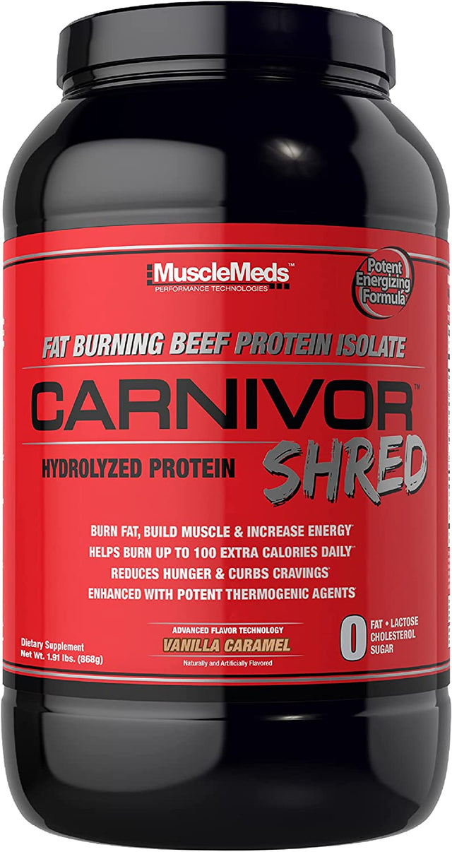 Musclemeds Carnivor Shred Fat Burning Hydrolized Beef Protein Isolate, 0 Lactose, 0 Sugar, 0 Fat, Vanilla Caramel, 2 Pound, 28 Servings