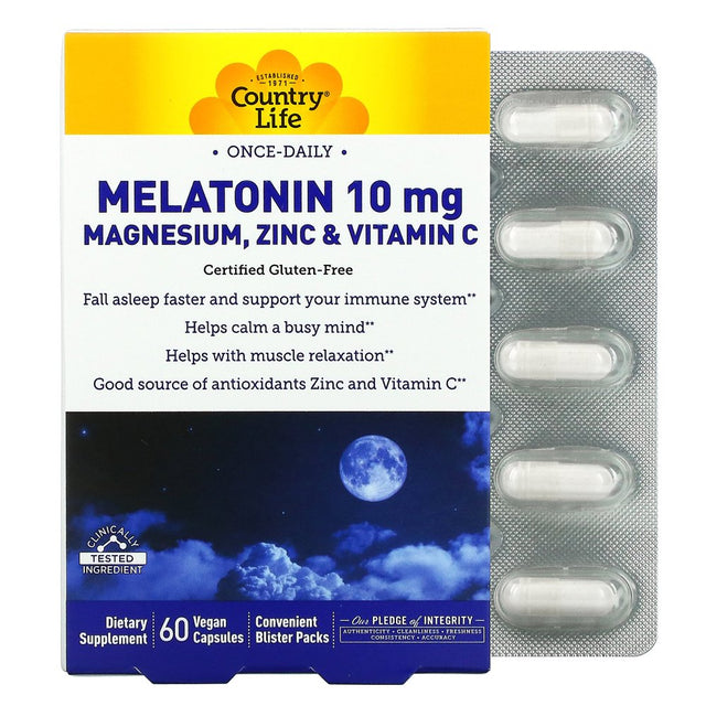 Melatonin 10 Mg Magnesium, Zinc & Vitamin C, 60 Vegan Capsules, Country Life