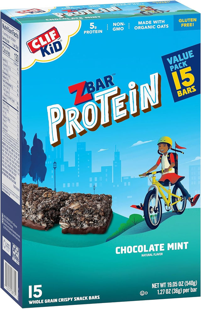 CLIF Kid Zbar Protein - Chocolate Mint - Crispy Whole Grain Snack Bars - Made with Organic Oats - Non-Gmo - 5G Protein - 1.27 Oz. (15 Pack)