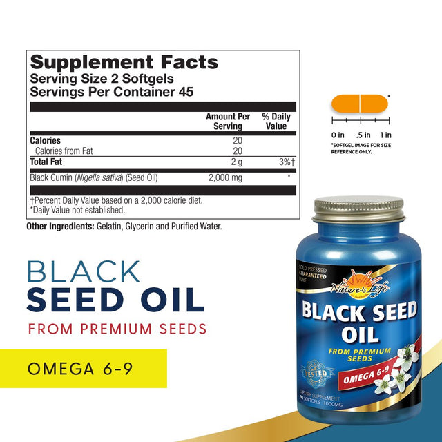 Nature'S Life Black Seed Oil 1000 Mg | Immune, Digestive & Heart Function Support, Hair & Skin Health | 90Ct, 45 Serv.