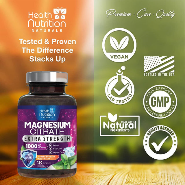 Magnesium Citrate Capsules 1000Mg - Max Absorption Magnesium Powder Capsules for Muscle, Nerve, Bone and Heart Health Support, High Absorption Citrate Complex, Gluten Free, Non-Gmo - 120 Capsules