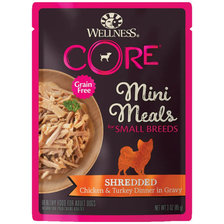 Wellness CORE Natural Grain Free Small Breed Mini Meals Wet Dog Food, Shredded Chicken & Turkey Dinner in Gravy, 3-Ounce Pouch (Pack of 12)