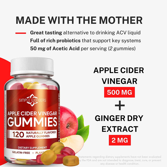 Apple Cider Vinegar Gummies with the Mother - ACV Gummies for Detox, Cleansing & Immune Support - Made with Black Carrot & Ginger Dry Extract - Pectin Based, Non-Gmo, Gluten-Free (120 Gummies)