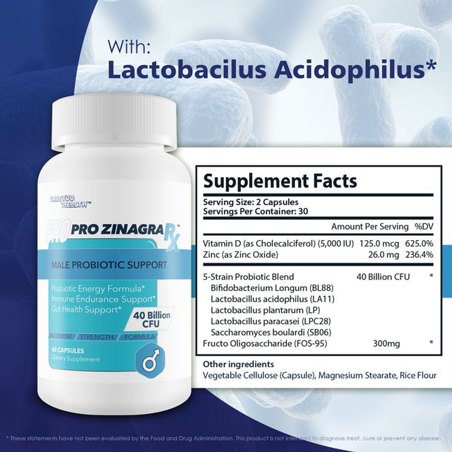 Pro Zinagra RX - Male Probiotic Support - Promote Increased Energy & Endurance - Support Gut & Male Health with Probiotics for Men - 40 Billion CFU Male Formula - Additional Immune Support Benefits