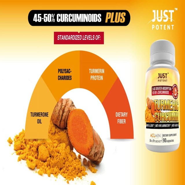 Just Potent Ultra-High Absorption Turmeric Curcumin with Bioperine | 3-Month Supply | Joint Health, Bone and Antioxidant | 90 Capsules