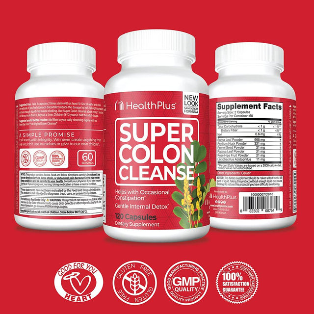 Health plus Super Colon Cleanse Psyllium with Herbs, 500Mg Capsules 120 Ea (Pack of 2)