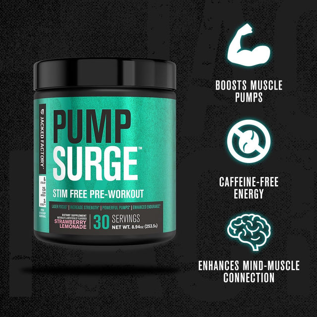 Jacked Factory Pumpsurge Caffeine Free Pre Workout for Men & Women - Stim Free Pre Workout Powder, NO Supplement & Nootropic Booster - Intense Pumps, Enhanced Focus - 30 Servings, Strawberry Lemonade