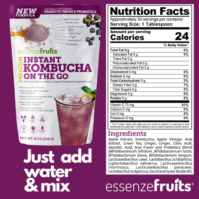 Instant Acai Kombucha on the Go Superfood - Drink Mix with Probiotics and Prebiotics, Vitamin C, Delicious Acai Berry Taste and No Added Sugar Make up to 30 Cups of Refreshing Kombucha, 8 Oz (226G).